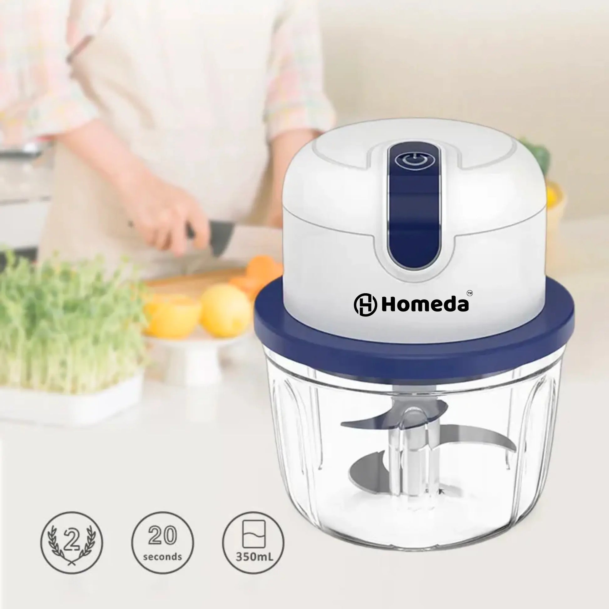 HOMEDA Rechargeable Mini Electric Chopper - Stainless Steel Blades, One Touch Operation, For Mincing Garlic, Ginger, Onion, Vegetable, Meat, Nuts, (White,350 ML,Pack of 1) - Homeda Labs LLP