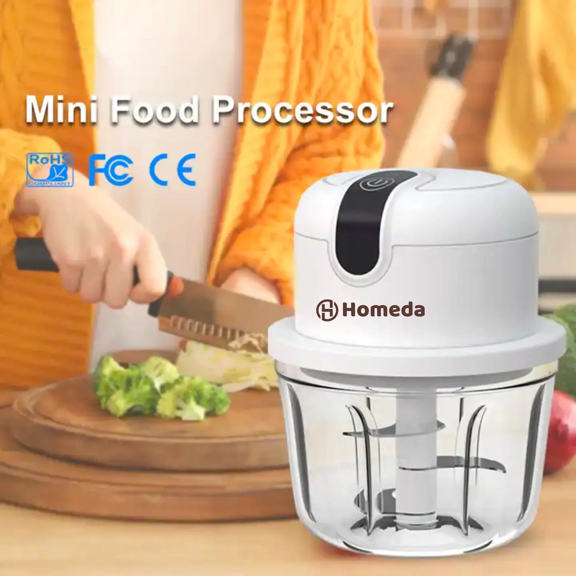 HOMEDA Rechargeable Mini Electric Chopper - Stainless Steel Blades, One Touch Operation, For Mincing Garlic, Ginger, Onion, Vegetable, Meat, Nuts, (White,350 ML,Pack of 1) - Homeda Labs LLP