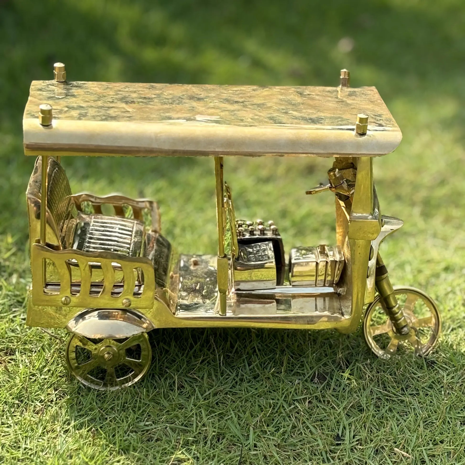 Length 27cm,Width 12cm,Height 17cm  Homeda Golden Rectangle Brass Decorative items Brass Rickshaw,Home Decoration - Homeda Labs LLP