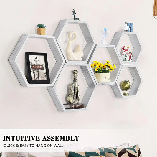 Hexagon Floating Shelves Set of 6 Honeycomb Shelves Wooden Farmhouse Hexagonal Shelf for Wall Decor Hanging Shelves Honeycomb Storage Shelf for Bedroom Living Room - Homeda Labs LLP